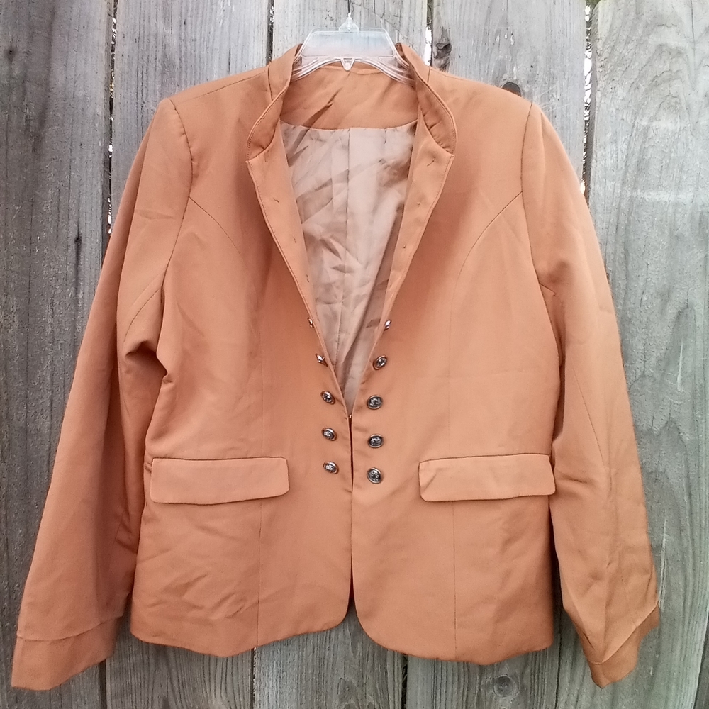 Open Front Military Style Casual Blazer 2XL Camel Stand Collar Decorative Button